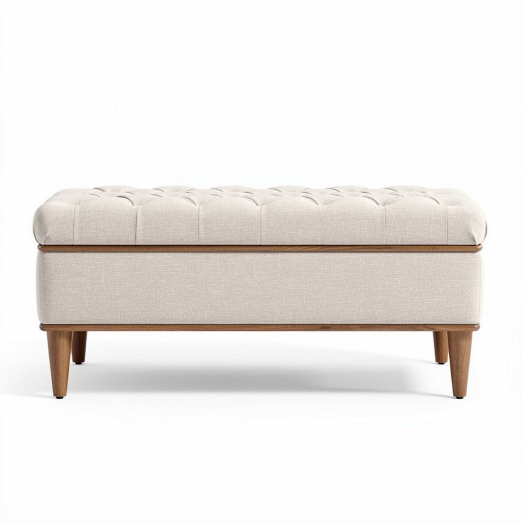 Ottoman de tela beige con almacenamiento dimensiones 100 x 50 x 45cm