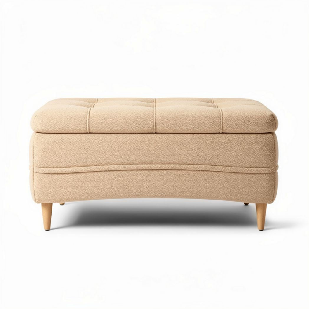 Ottoman tapizado en tela beige con patas de madera 90 x 50 x 45cm