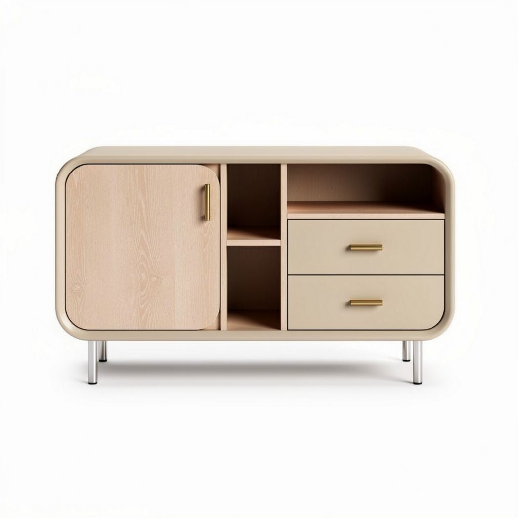 Mueble de salón moderno en color beige con dos cajones y estantes 80 x 40 x 60cm
