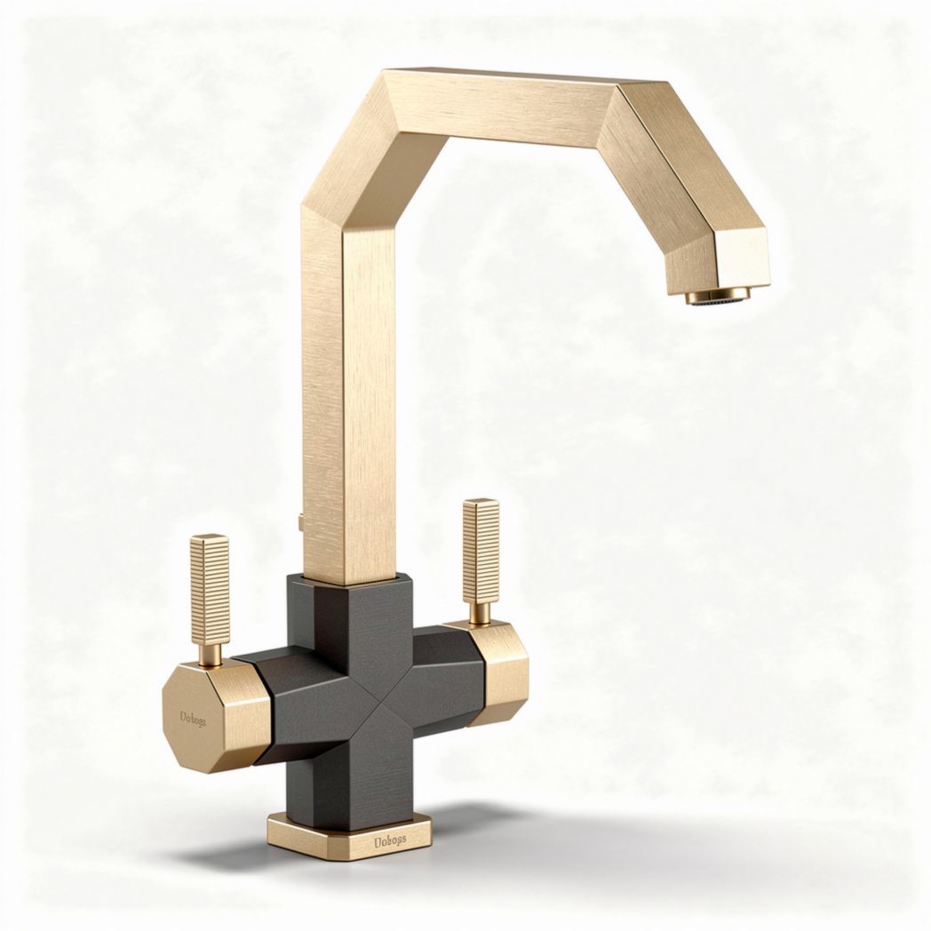 Grifo de cocina de bronce y acero inoxidable con diseño angular y acabado dorado