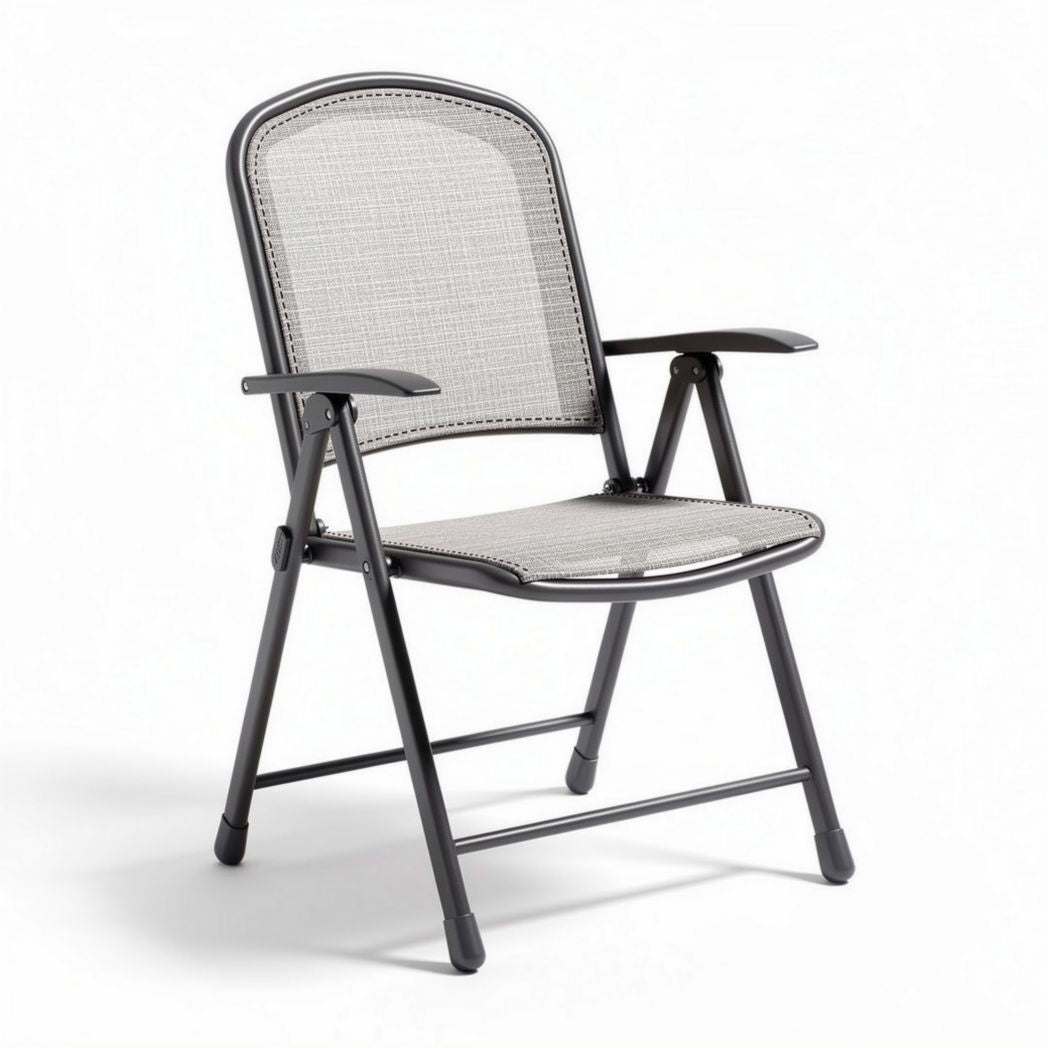 Silla plegable de metal y tejido gris con dimensiones 50 x 50 x 80cm