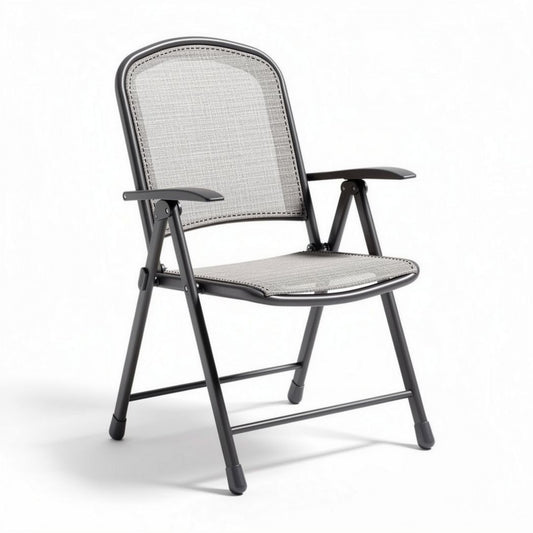 Silla plegable de metal y tejido gris con dimensiones 50 x 50 x 80cm