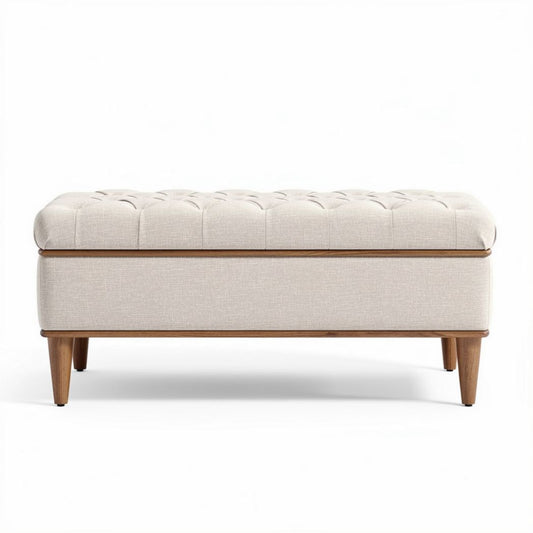 Ottoman de tela beige con almacenamiento dimensiones 100 x 50 x 45cm