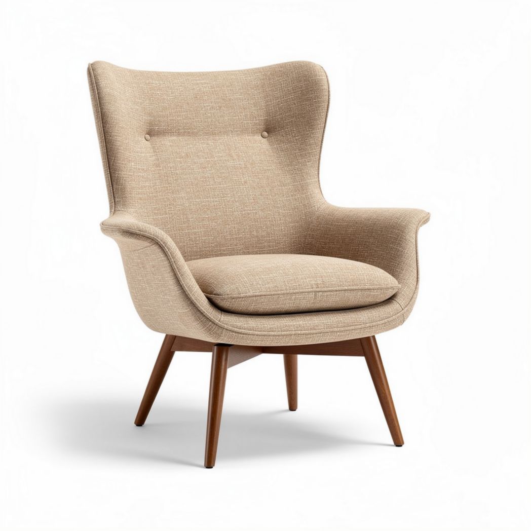 Silla de diseño contemporáneo en color beige con estructura de madera y cojín acolchado