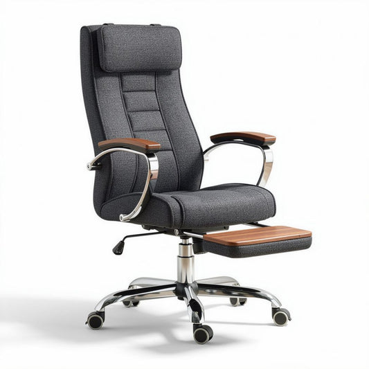 Silla de oficina ergonómica con reposapiés color negro y detalles en madera 60 x 60 x 120cm