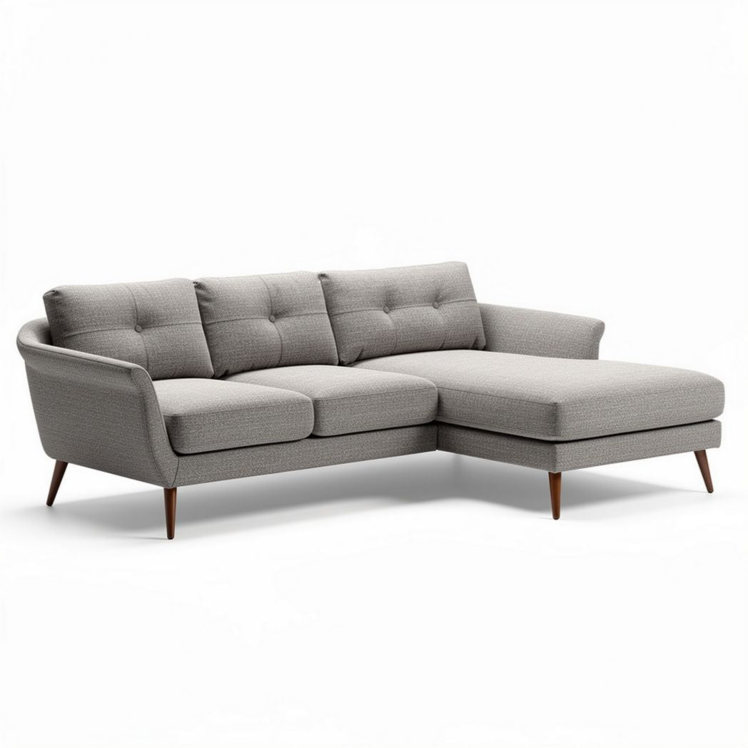 Sofá chaise longue gris con tapicería de tela y patas de madera 200 x 90 x 85cm
