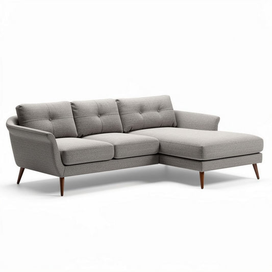 Sofá chaise longue gris con tapicería de tela y patas de madera 200 x 90 x 85cm